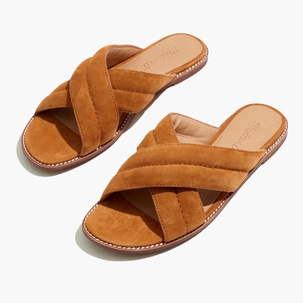 Madewell Suede Crisscross Slide Sandals in Cognac